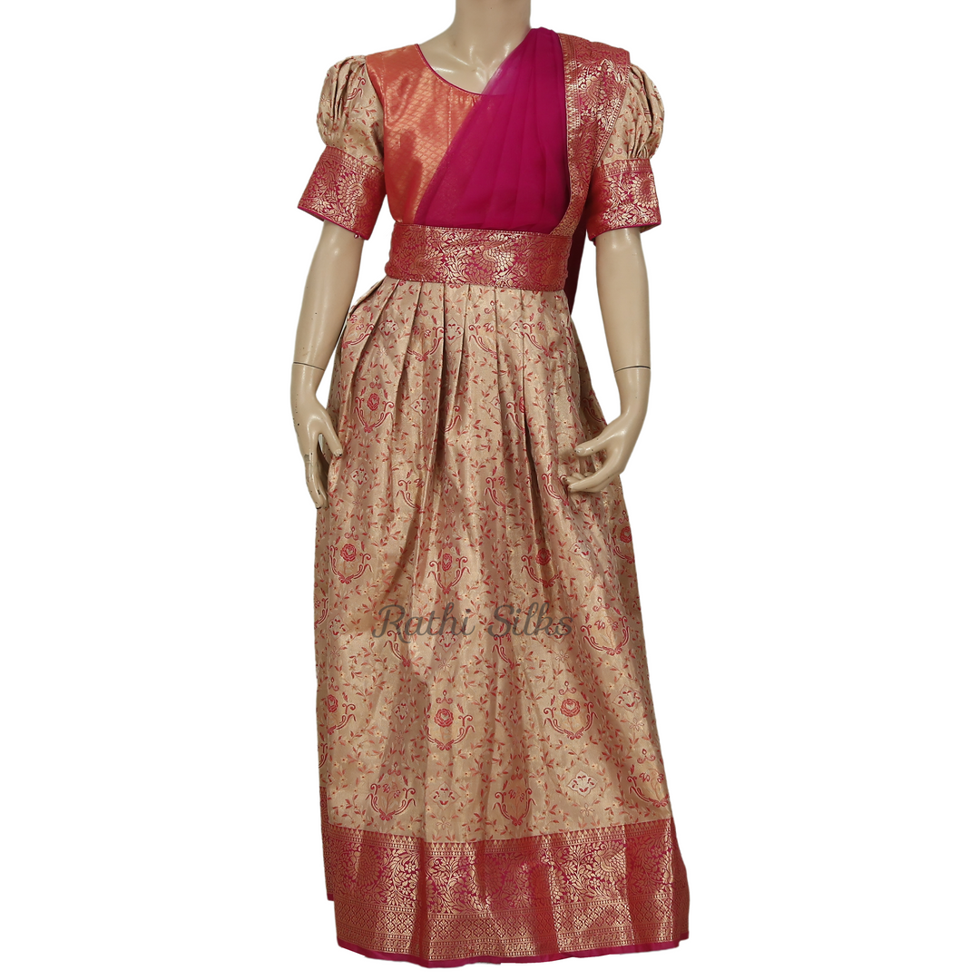 Beige &amp; Maroon Art Silk Stitched Saree Dress