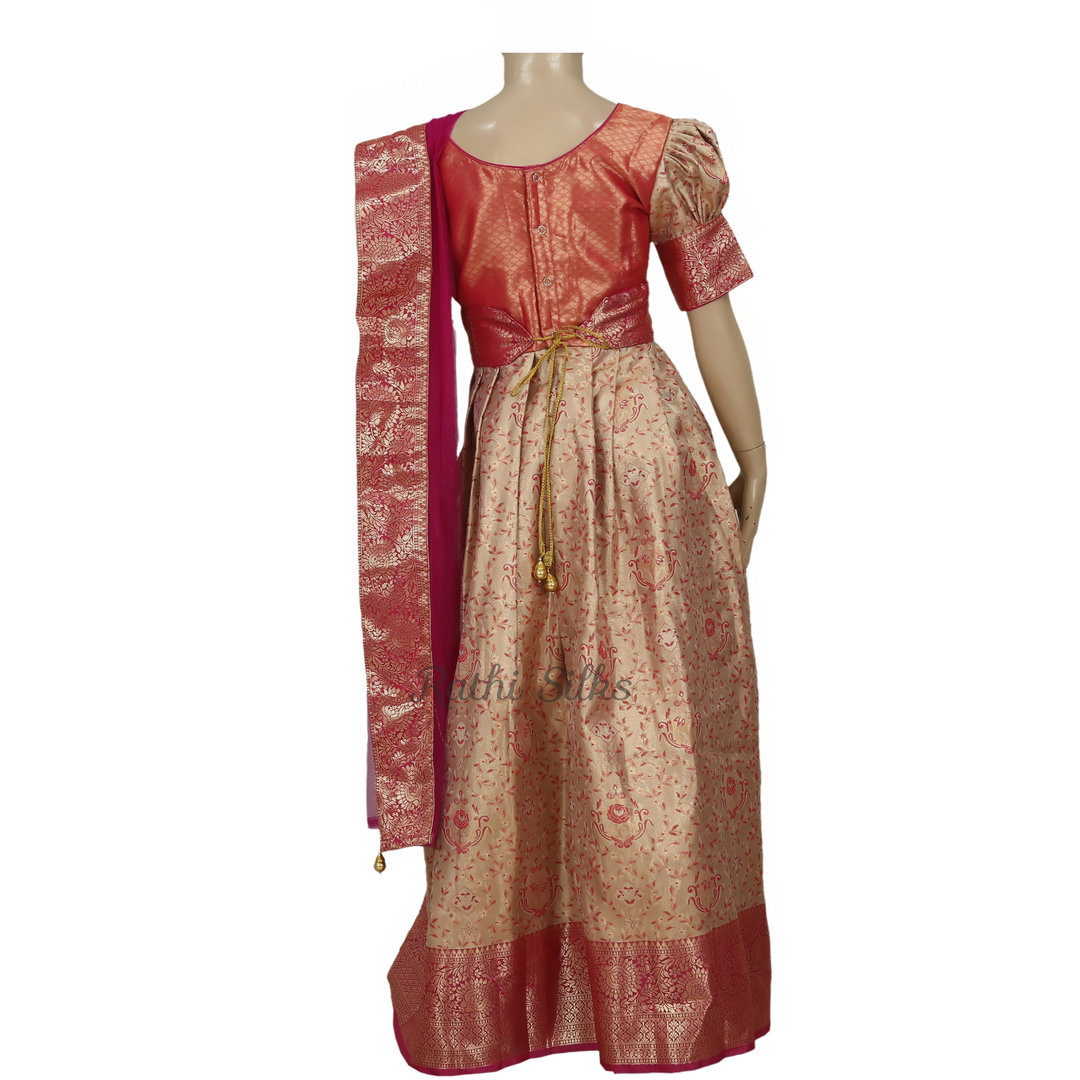 Beige &amp; Maroon Art Silk Stitched Saree Dress