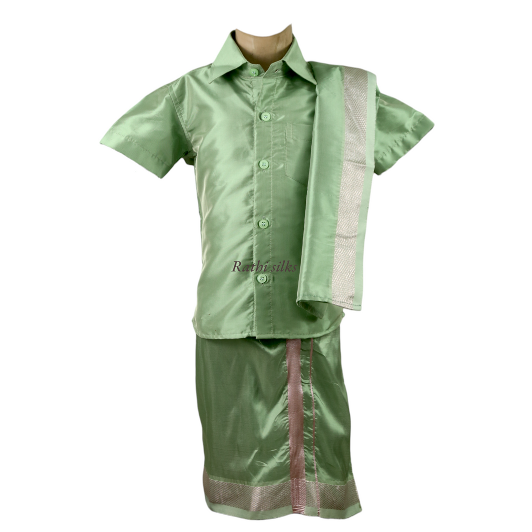 Kid’s Traditional Art Silk Dhoti Shirt Set with Angavastram