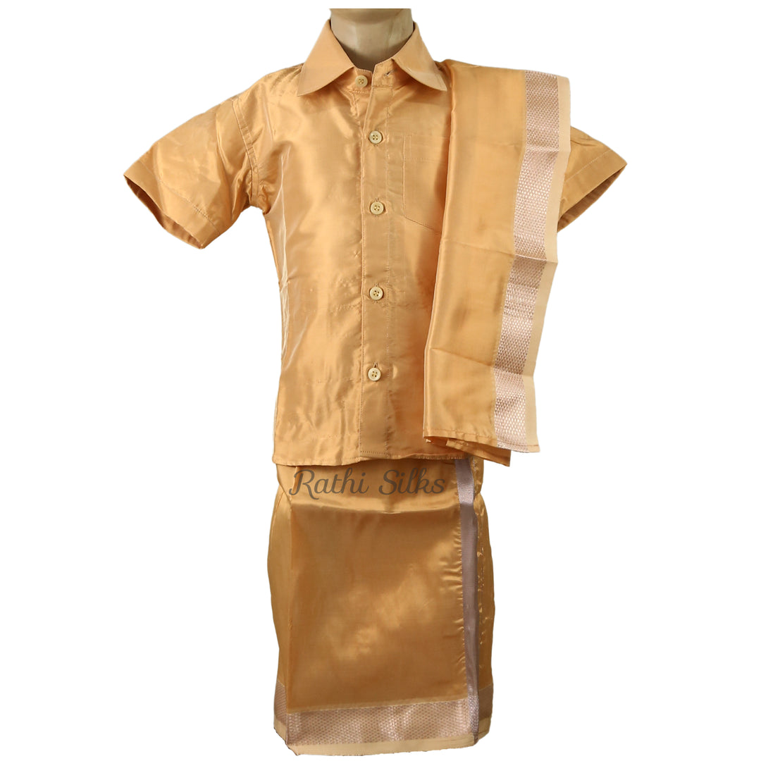 Kid’s Traditional Art Silk Dhoti Shirt Set with Angavastram