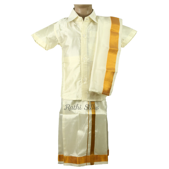 Kid’s Traditional Art Silk Dhoti Shirt Set with Contrast Zari Border
