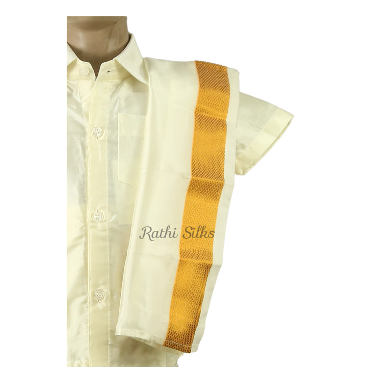 Kid’s Traditional Art Silk Dhoti Shirt Set with Contrast Zari Border
