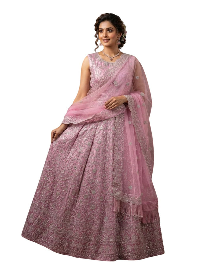 Lavender Embroidered Net Lehenga Set