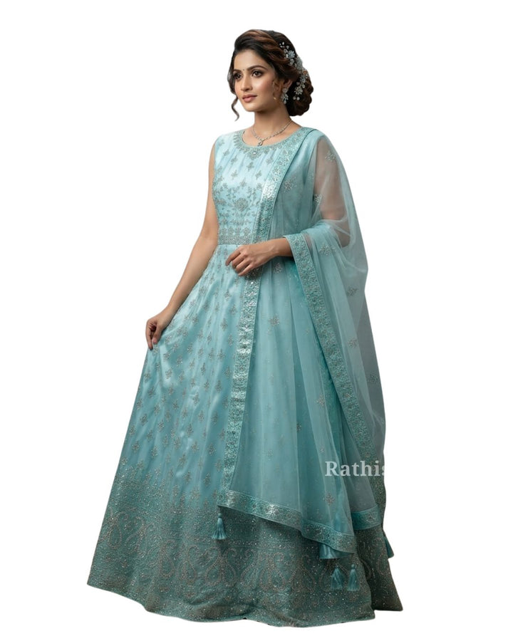 Aqua Blue Embroidered Net Lehenga Set