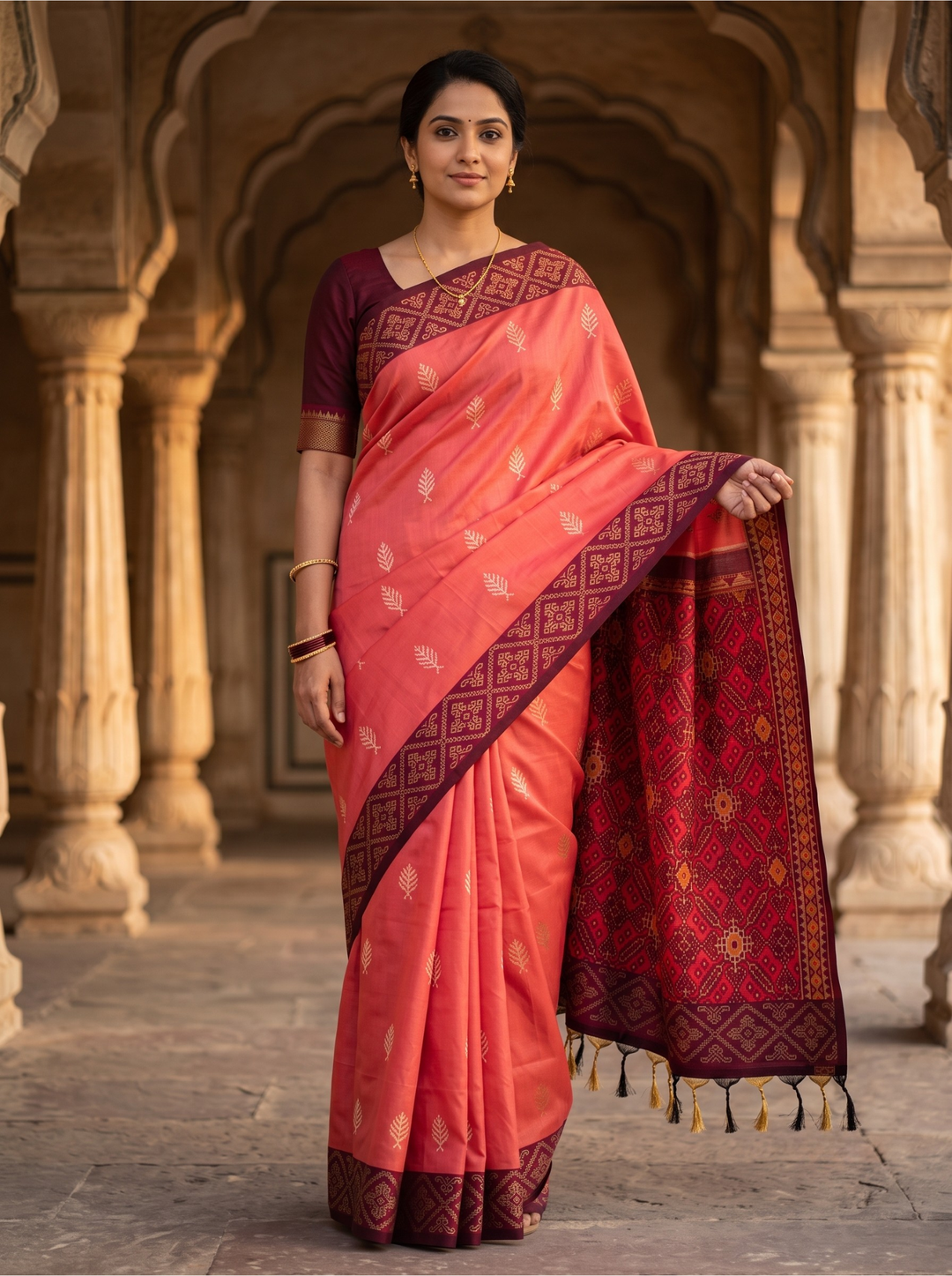 Usha — Peach Pink Tana Art Silk Saree