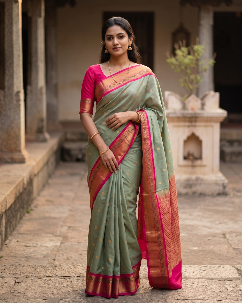 Tharini — Sage Green Tana Art Silk Saree – model view