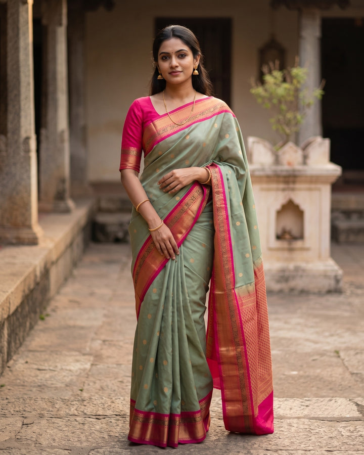 Tharini — Sage Green Tana Art Silk Saree – model view