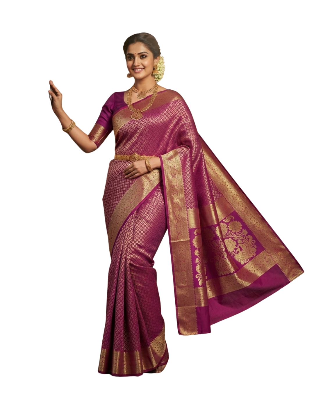 Art Saree Indu – Royal Purple Floral Brocade Art Silk Saree with Rich Gold Zari Border