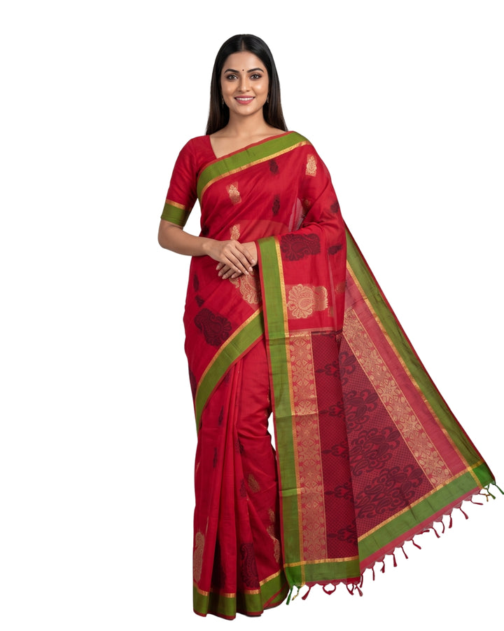 Pink Cotton Saree With Green Border