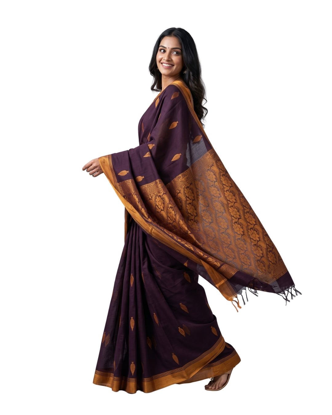 Deep Brown Cotton Saree With Mustard Border
