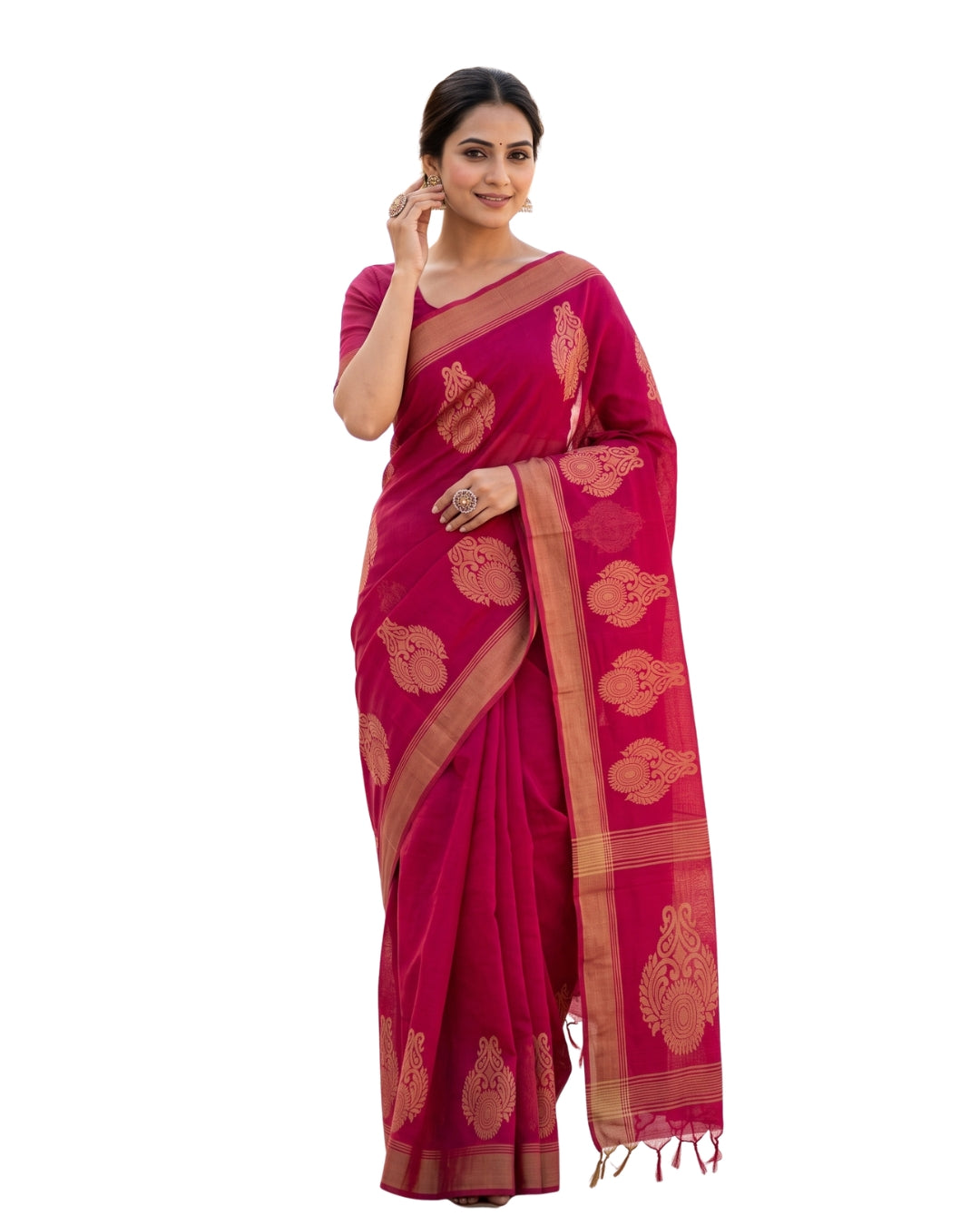 Rani Pink Cotton Saree With Traditional Motif