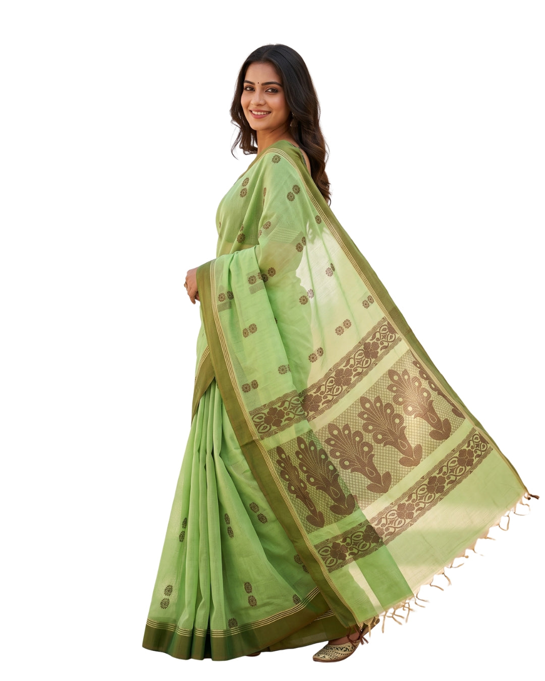 Lime Green Floral Motif Cotton Saree