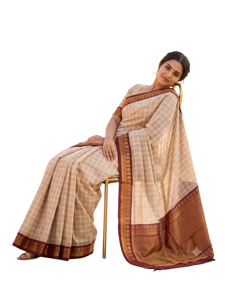 Beige Checked Cotton Saree