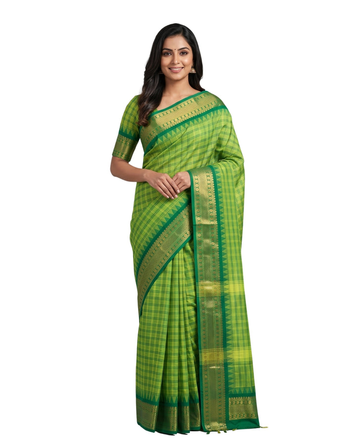 Leaf Green Checked Cotton Saree