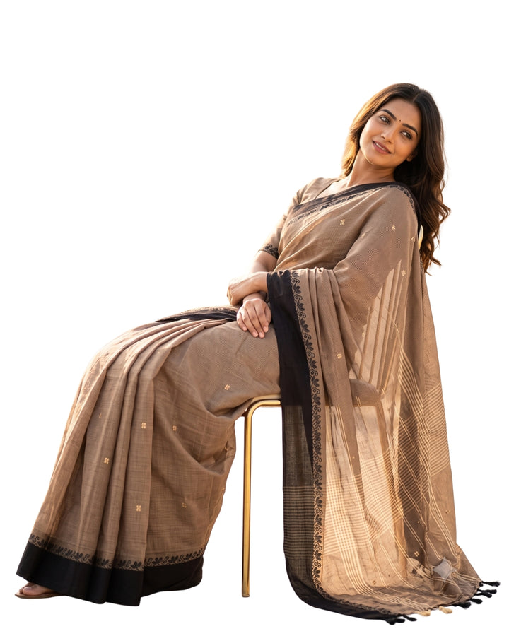 Brown Cotton Saree With Contrast Border