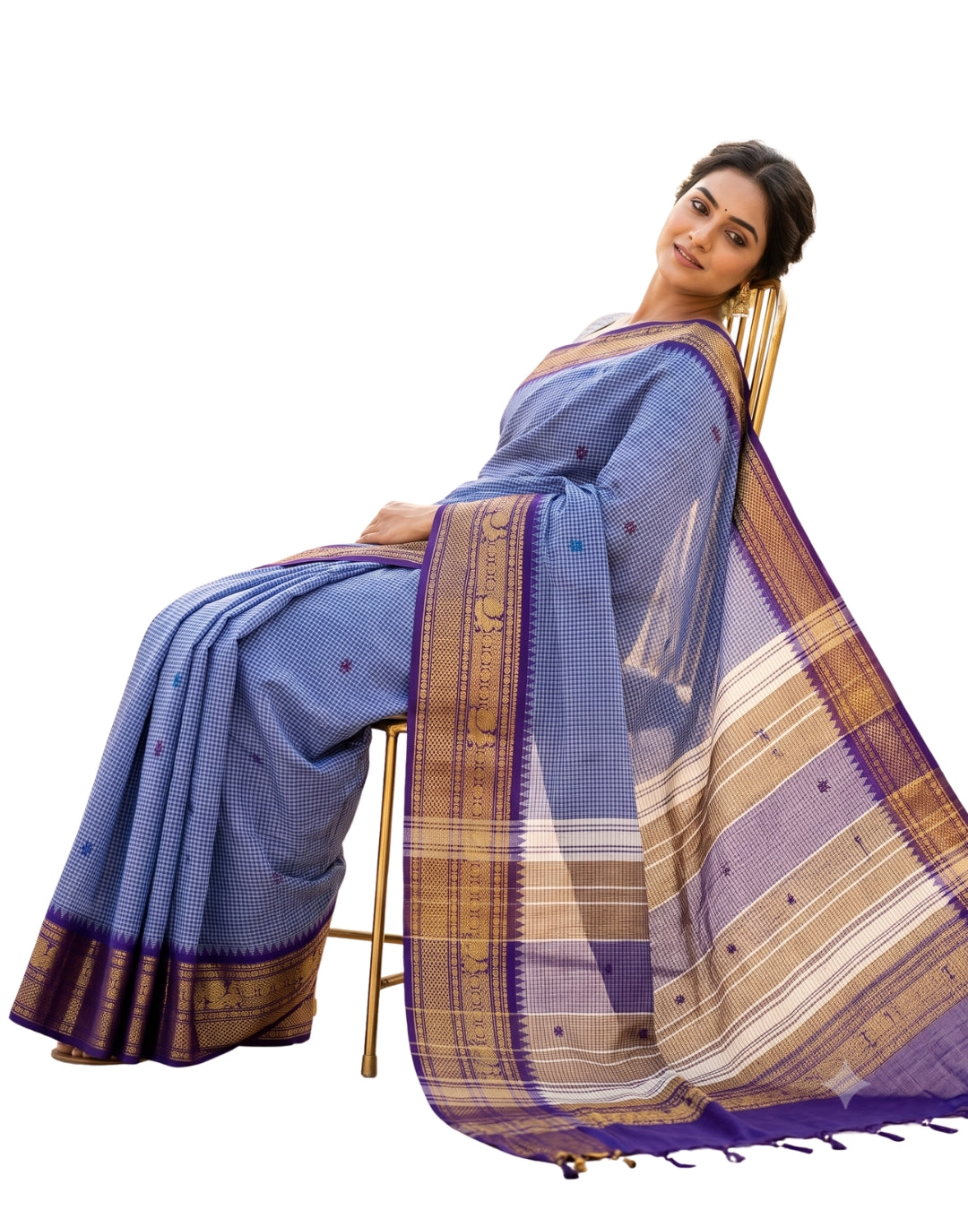 Blue Micro Checked Cotton Saree