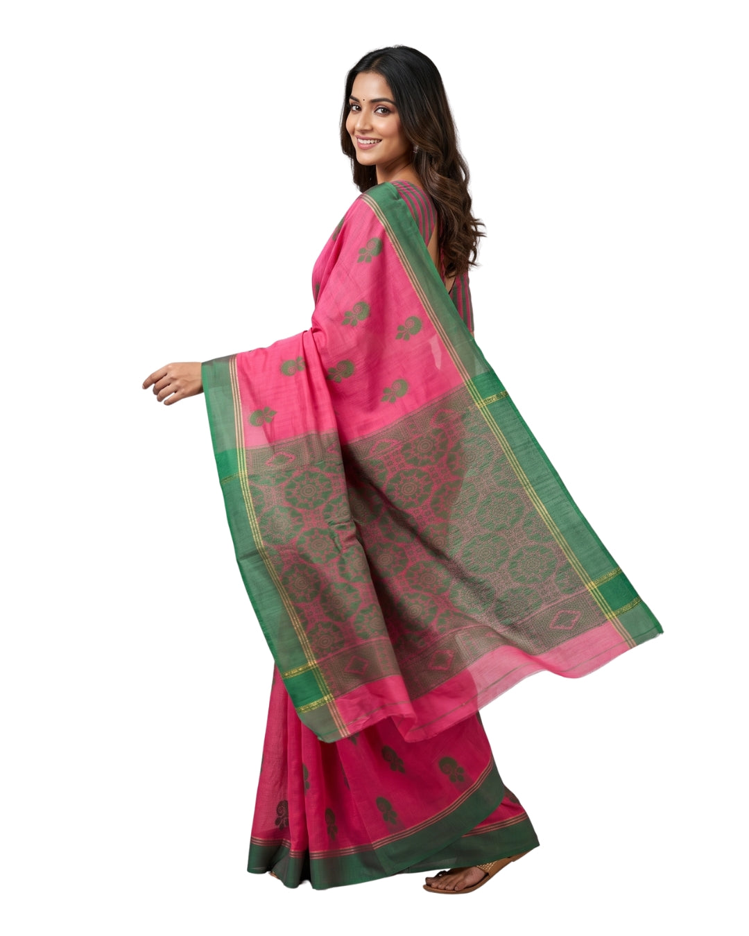 Bright Rose Pink Cotton Saree