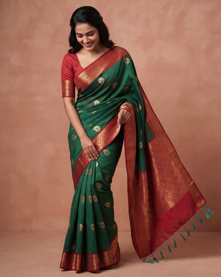 Valli — Emerald Green Art Silk Saree – model view