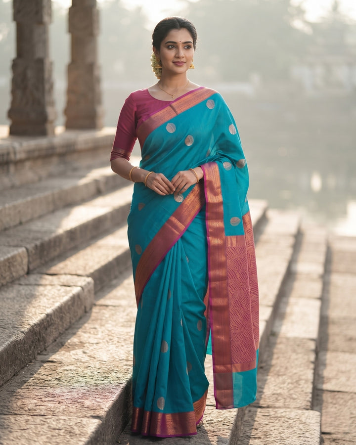 Sundari — Peacock Blue Art Silk Saree – model view