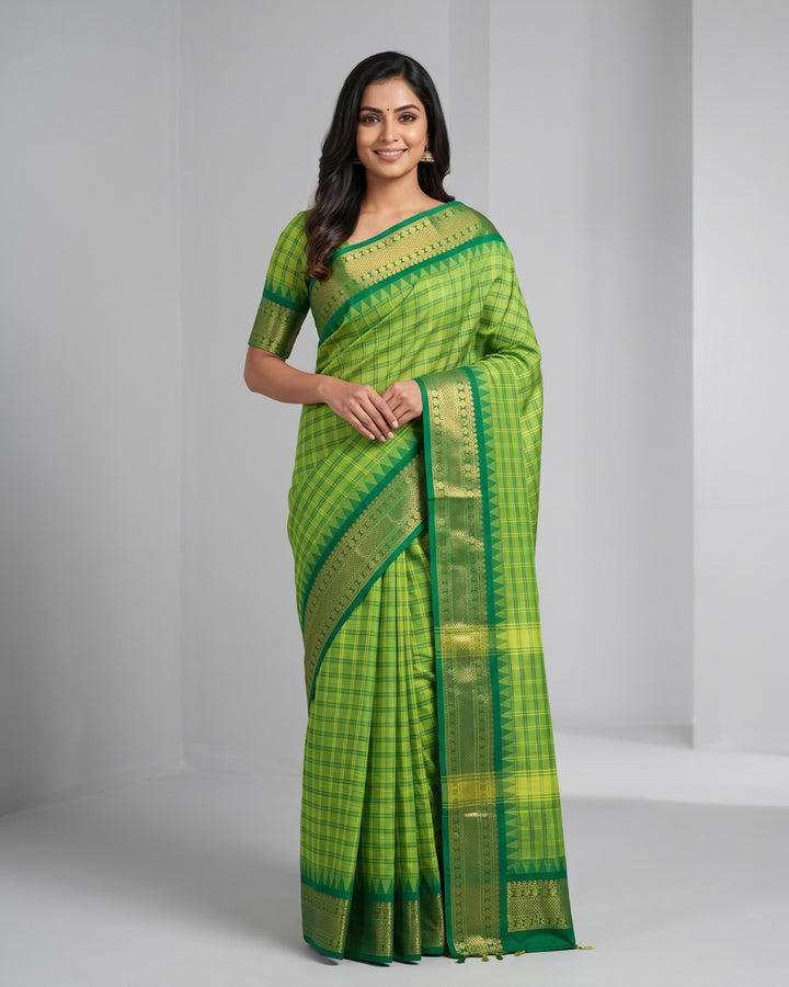 Leaf Green Checked Cotton Saree