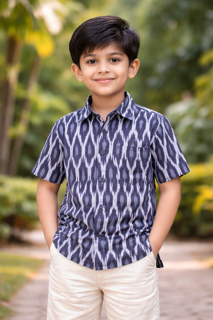 Boys Ikat Cotton Printed Kurta – Navy Blue &amp; White. Boys Kurta