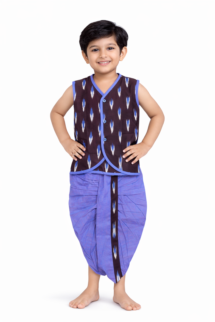 Boys Ikat Cotton Printed Panjagajam Set – Brown &amp; Lavender Blue. Kurta Pyjama