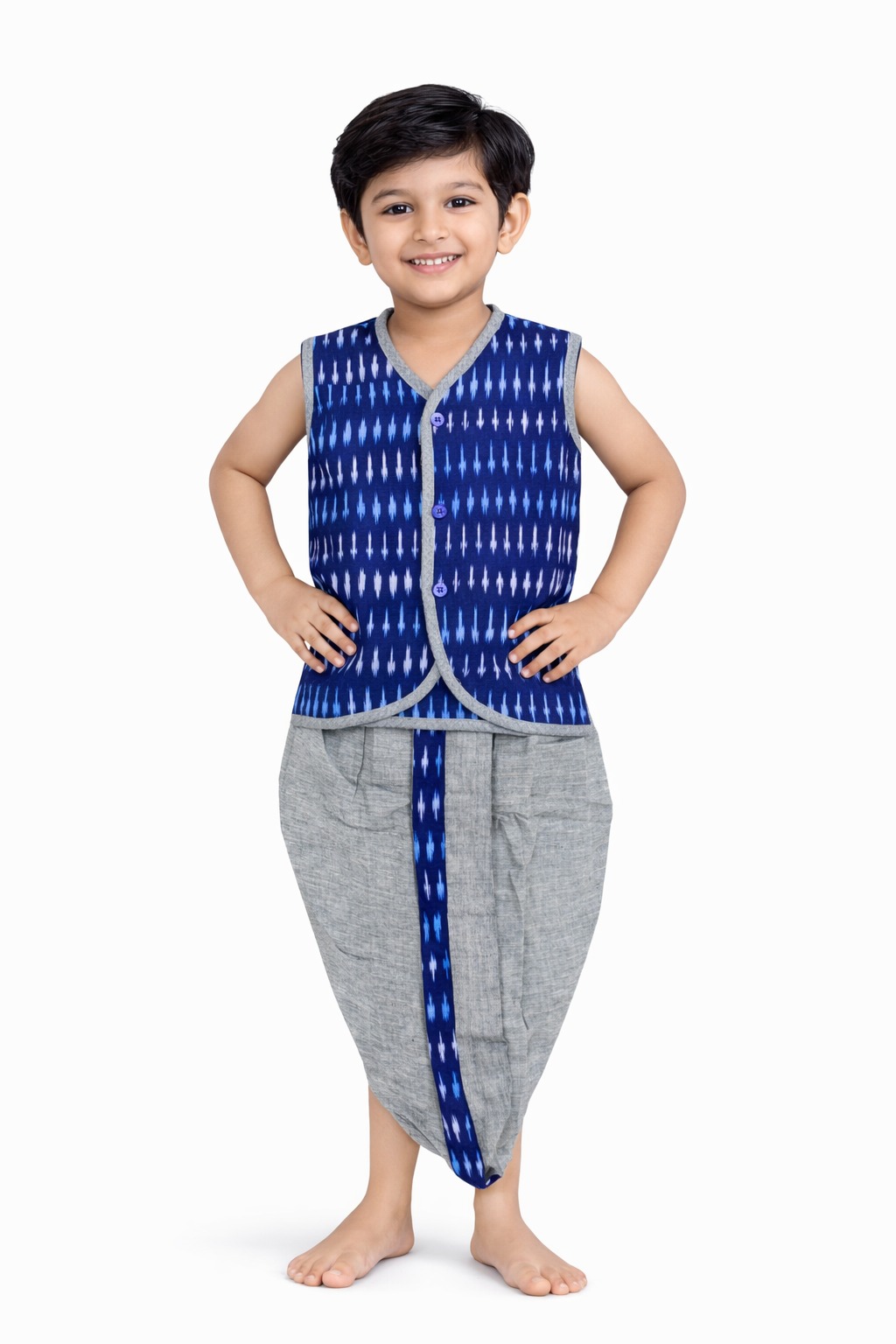 Boys Ikat Cotton Printed Panjagajam Set – Navy Blue &amp; Grey