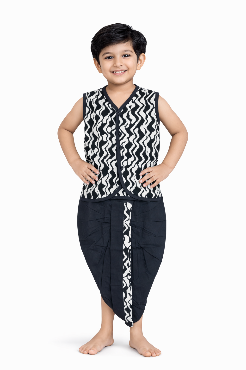 Boys Ikat Cotton Printed Panjagajam Set – Black &amp; White