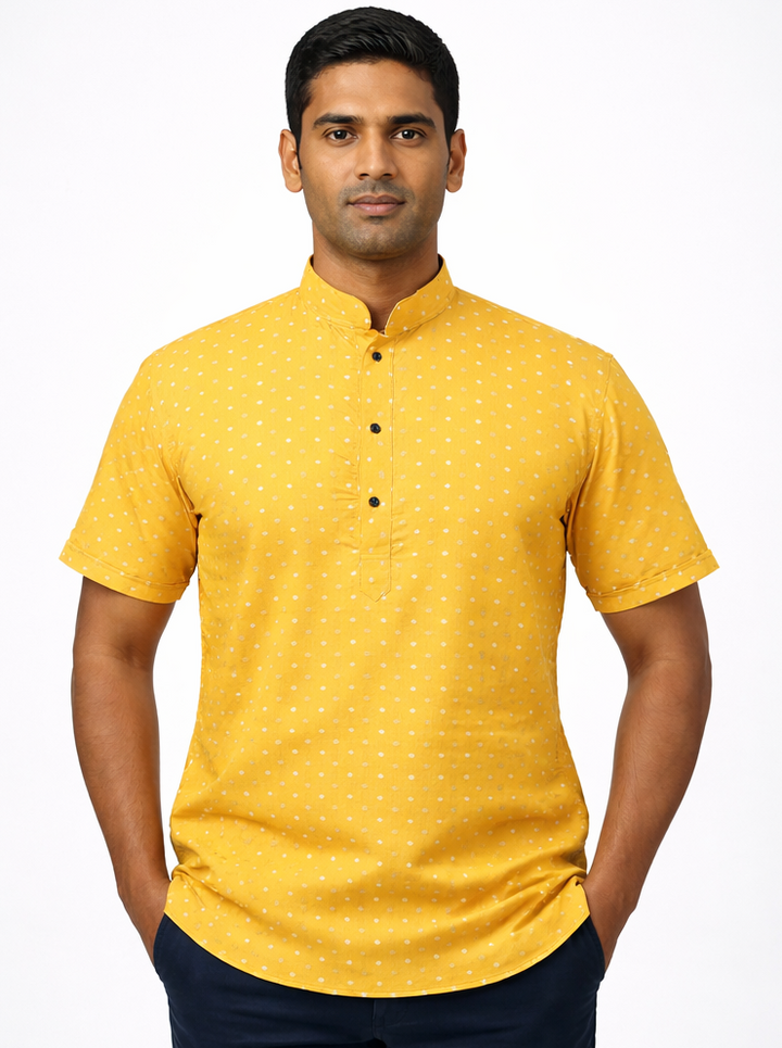 Men’s Traditional Chanderi Cotton Printed Half Sleeve Kurta