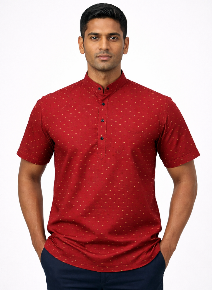 Men’s Traditional Chanderi Cotton Printed Half Sleeve Kurta