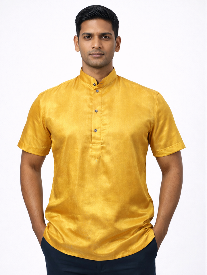 Men’s Traditional Golden Plain Tissue Half Sleeve Kurta