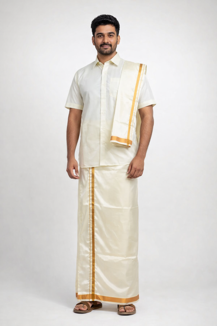 Men’s Traditional Art Silk Dhoti Set with Shirt &amp; Angavastram. MEN'S Dhoti shirt