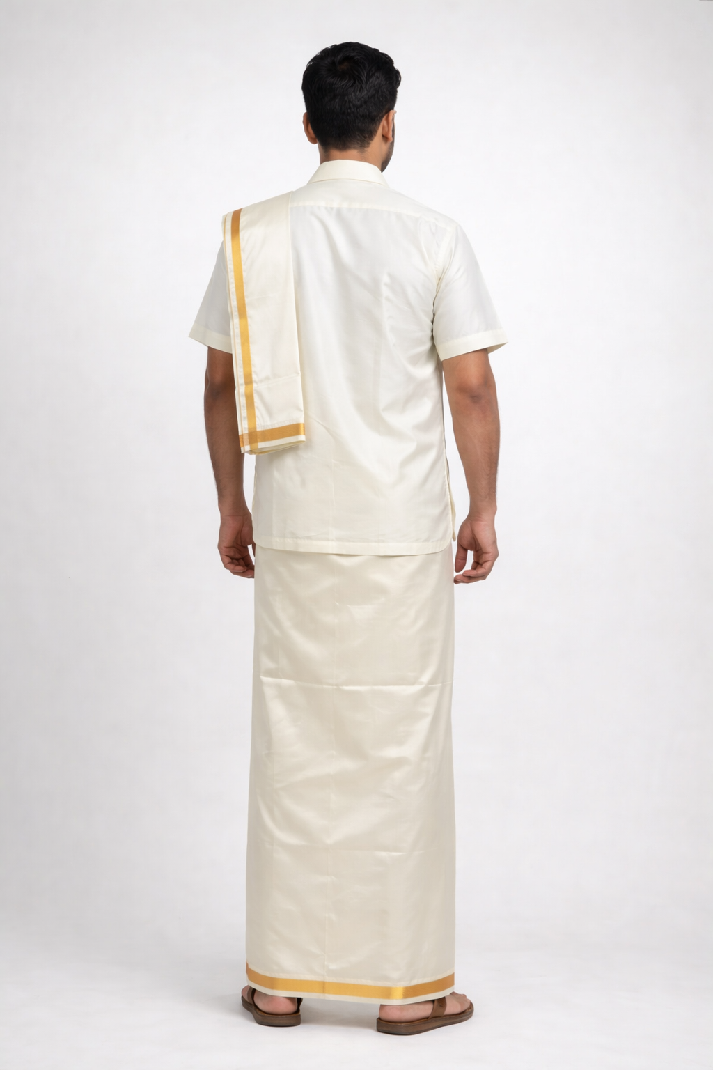 Men’s Traditional Art Silk Dhoti Set with Shirt &amp; Angavastram. MEN'S Dhoti shirt