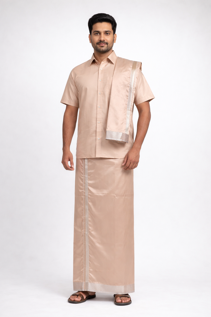 Men’s Traditional Art Silk Dhoti Set with Shirt &amp; Angavastram. MEN'S Dhoti shirt