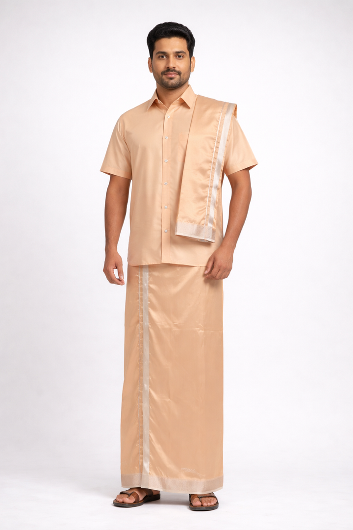 Men’s Traditional Art Silk Dhoti Set with Shirt &amp; Angavastram. MEN'S Dhoti shirt