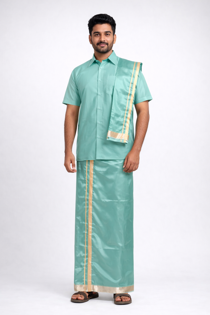 Men’s Traditional Art Silk Dhoti Set with Shirt &amp; Angavastram. MEN'S Dhoti shirt