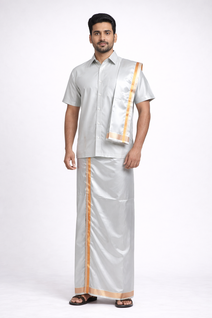 Men’s Traditional Art Silk Dhoti Set with Shirt &amp; Angavastram. MEN'S Dhoti shirt