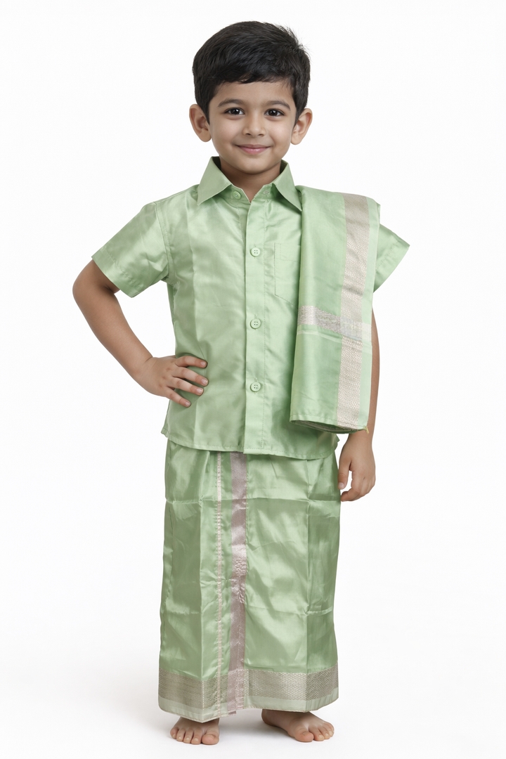 Ashwin — boys' light green art silk dhoti set with shirt and angavastram | Rathi Silks, Salem