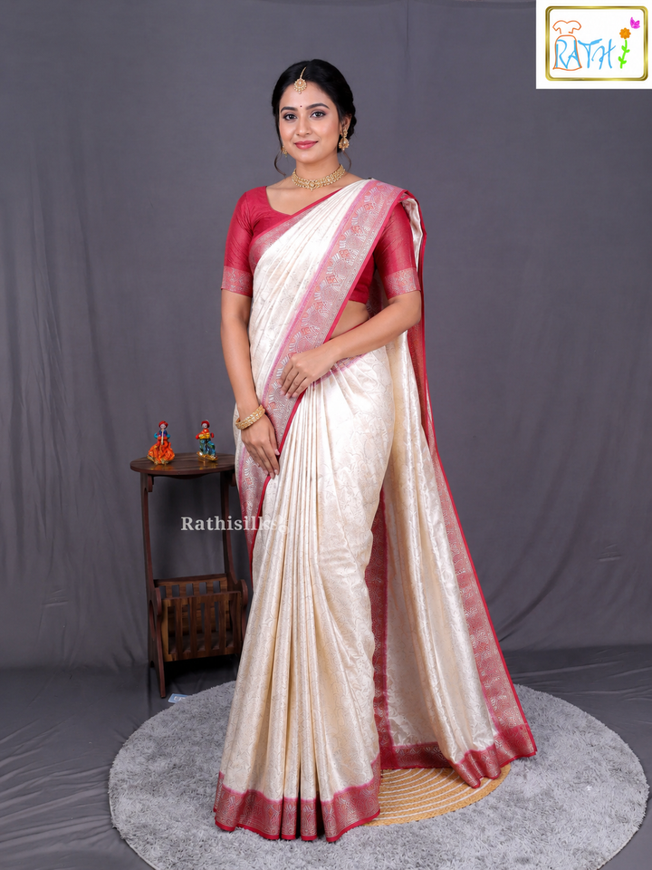 Cream & Maroon Banarasi Soft Silk Saree