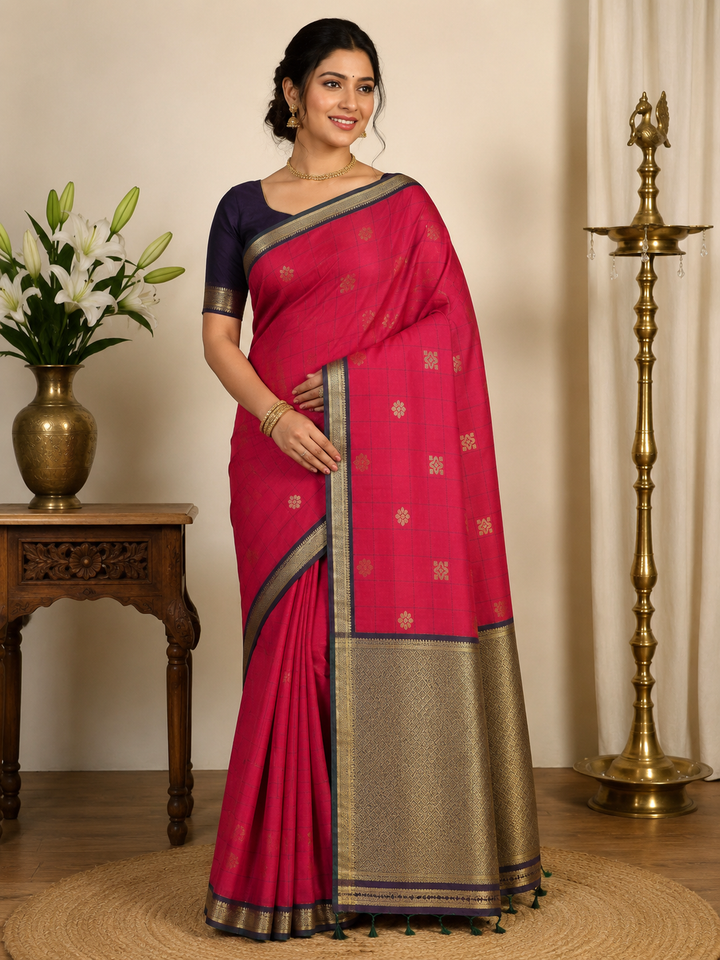 Art Silk Saree – Checked weave with floral butta