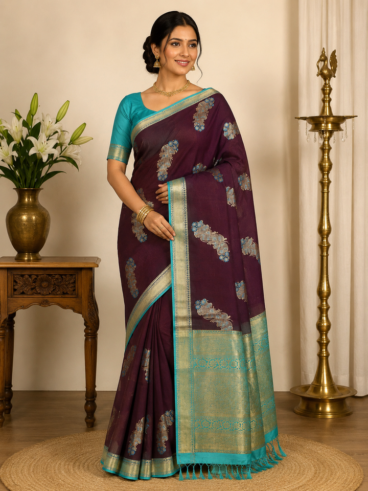 Art Silk Saree – Woven floral butta