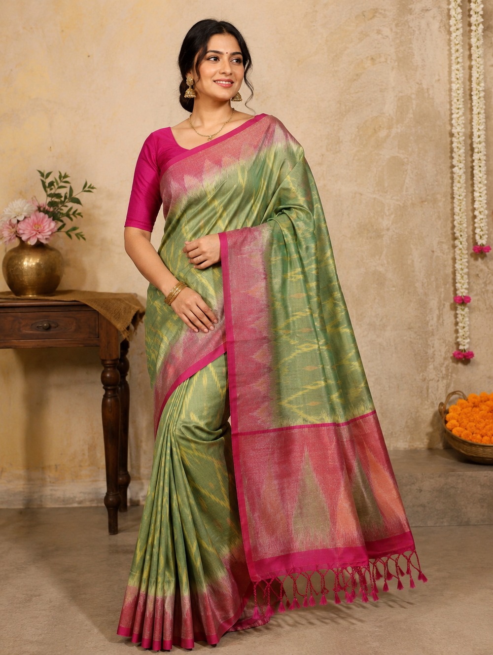 Art Silk Saree – Dual-tone ikat-inspired weave