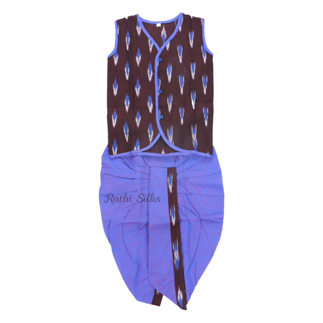 Boys Ikat Cotton Printed Panjagajam Set – Brown &amp; Lavender Blue. Kurta Pyjama