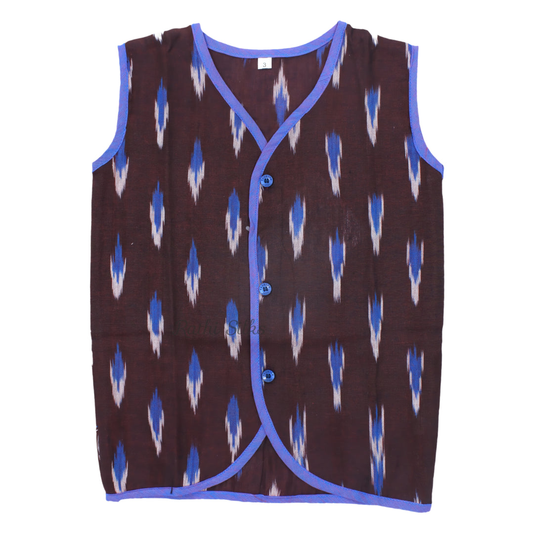 Boys Ikat Cotton Printed Panjagajam Set – Brown &amp; Lavender Blue. Kurta Pyjama