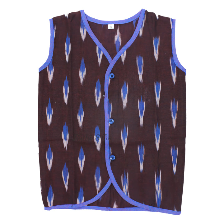 Boys Ikat Cotton Printed Panjagajam Set – Brown &amp; Lavender Blue. Kurta Pyjama
