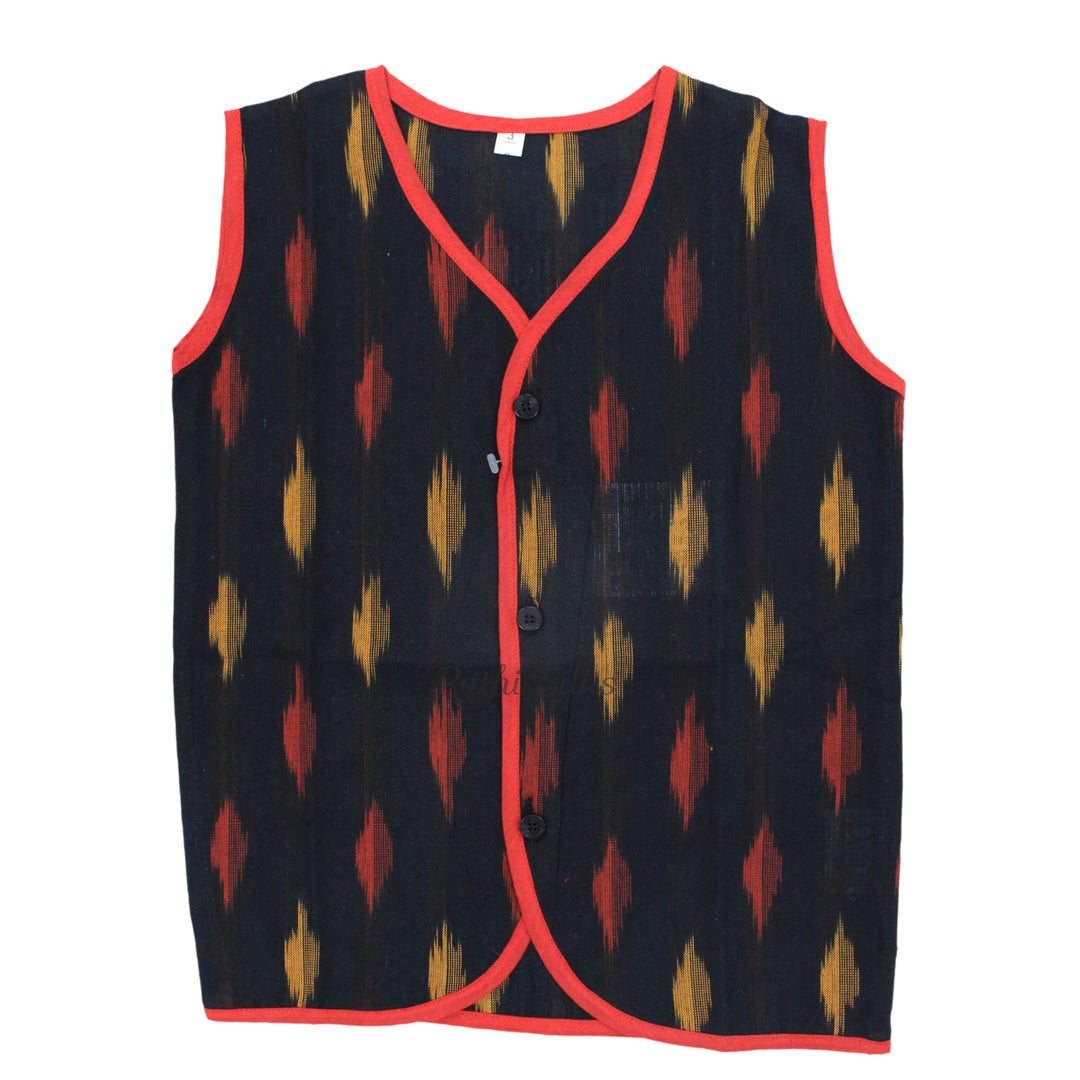 Boys Ikat Cotton Printed Panjagajam Set – Black &amp; Red. Kurta Pyjama
