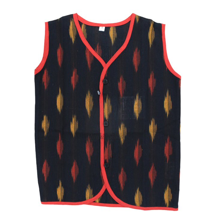 Boys Ikat Cotton Printed Panjagajam Set – Black &amp; Red. Kurta Pyjama