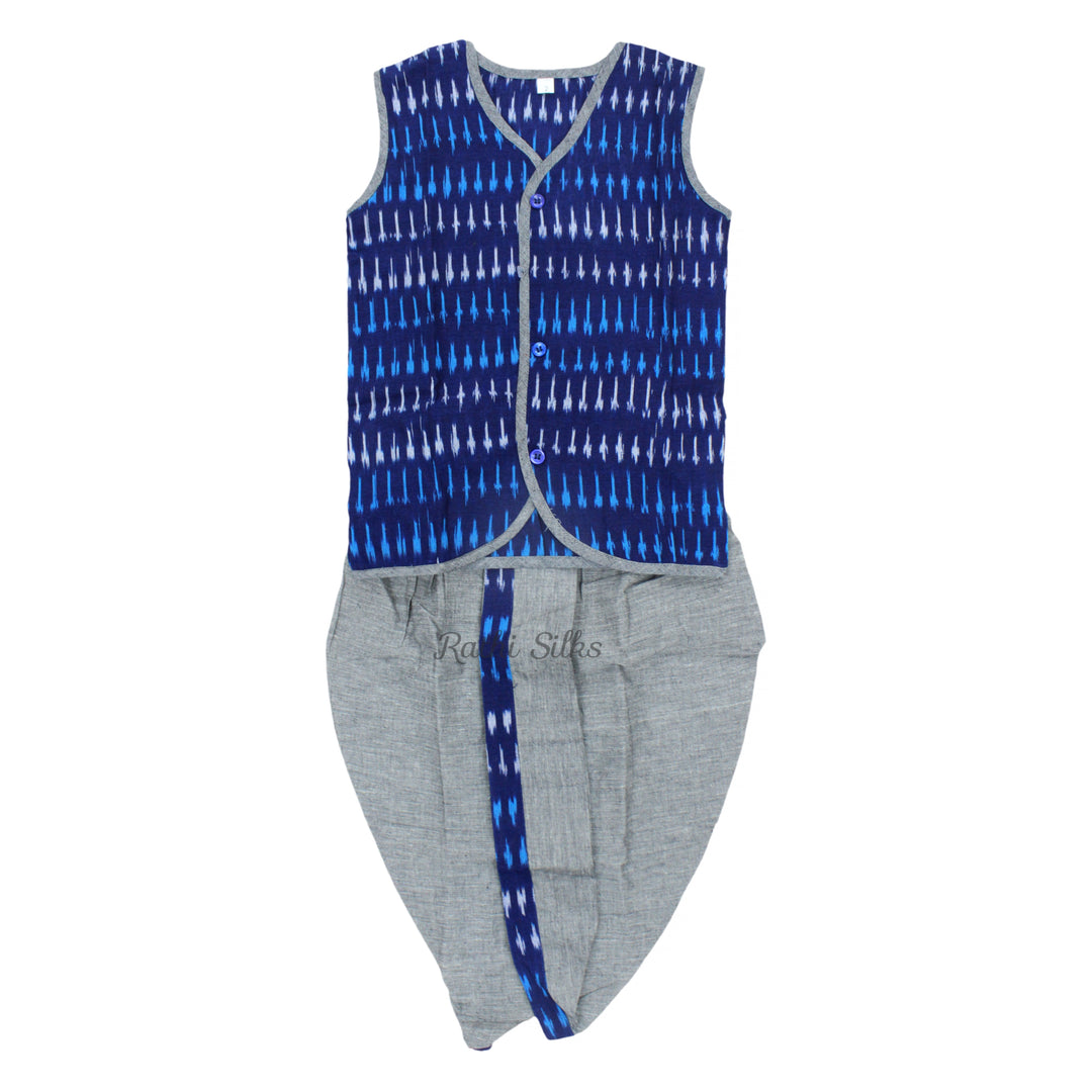 Boys Ikat Cotton Printed Panjagajam Set – Navy Blue &amp; Grey