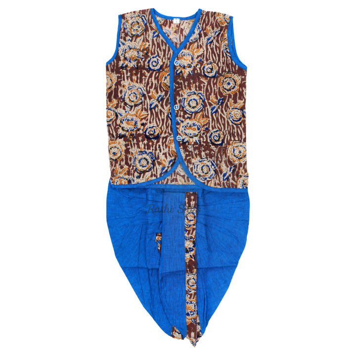 Boys Ikat Cotton Printed Panjagajam Set – Brown &amp; Royal Blue. Kurta Pyjama