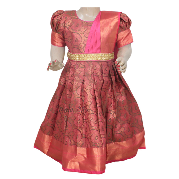 Brick Red &amp; Gold Art Silk Paisley Stitched Saree Dress